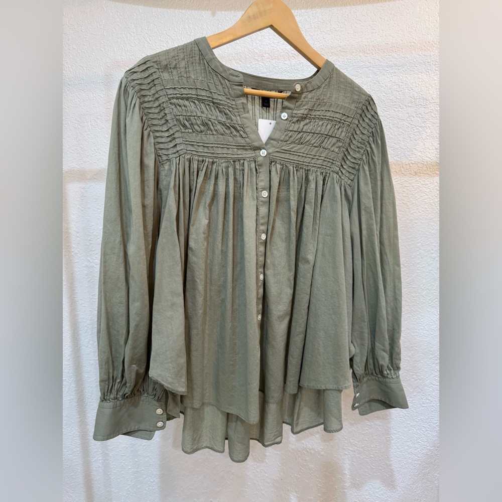 Banana Republic Olive Green Pintuck Peasant Blouse Size M 100% Cotton